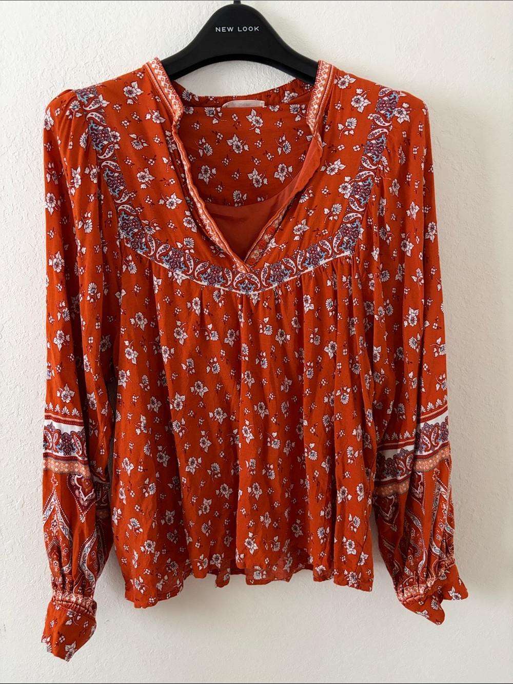 Rust Orange Floral Peasant Blouse with V-Neck